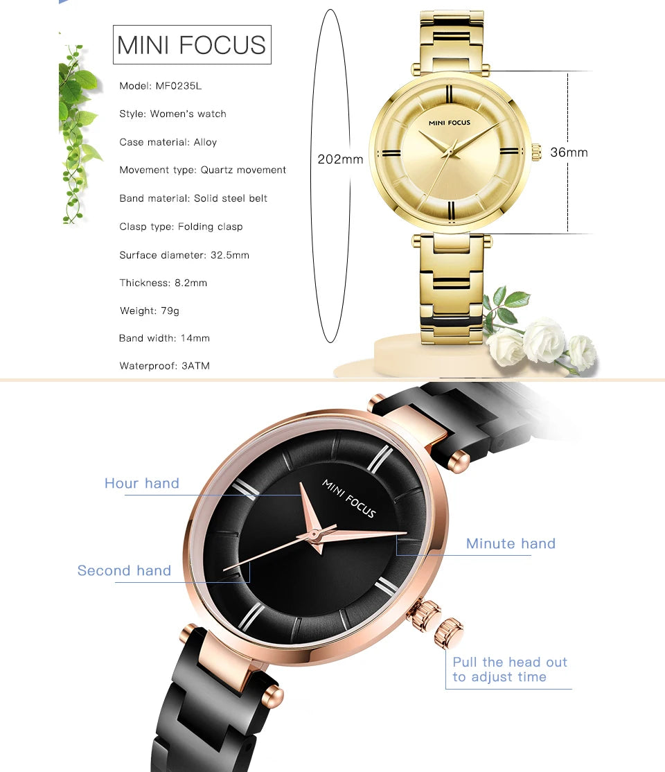 MINI FOCUS 2019 Fashion Elegant Ladies Watch Blue Stainless Steel Strap Rose Golden Bezel Top Brand Luxury Dress Women Watches