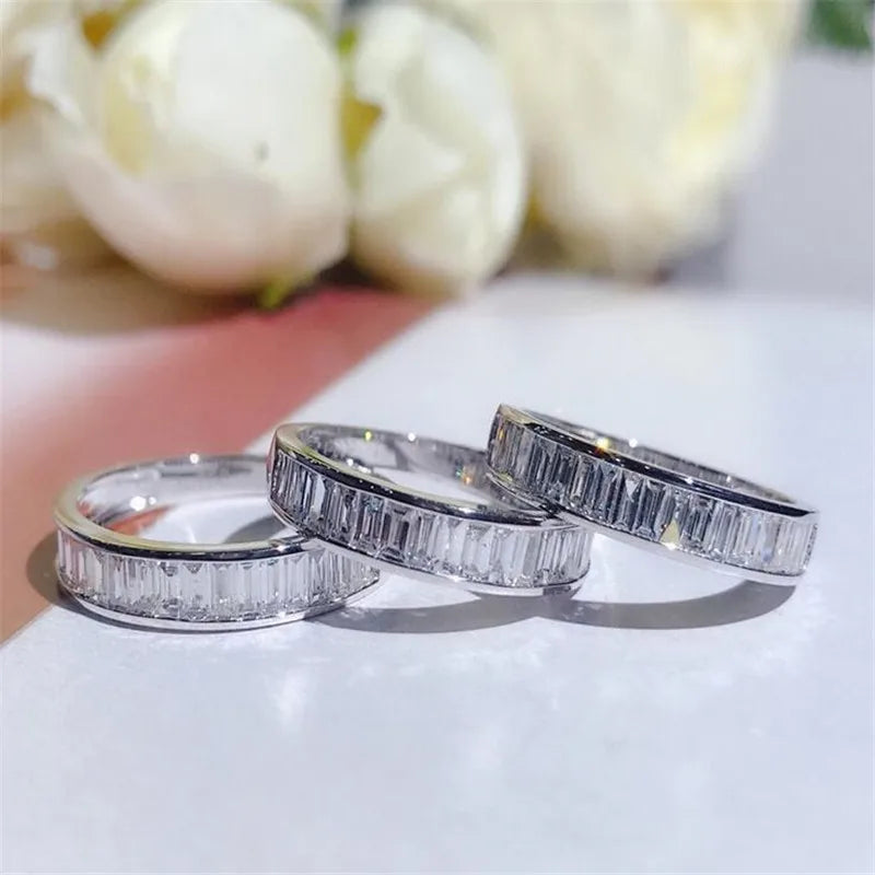 Unique Luxury Jewelry Pure 100%  925 Sterling Silver Princess Cut White Topaz CZ Diamond Women Wedding Band Ring Never Fade