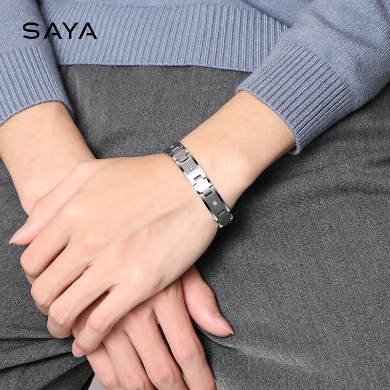 Tungsten Bracelet for Men Carbide Chain Jewelry Inlay CZ Stones 10mm Width 20 cm Length, Free Shipping, Customized