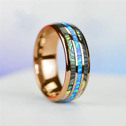 Rose Gold Color Tungsten Wedding Men Stainless Steel Rings Inlay Abalone Shell Blue Opal Rings Men Wedding Jewelry