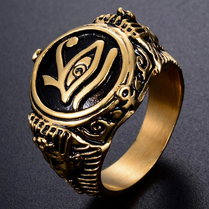 Gothic Ancient Egypt Egyptian Pharaoh The Eye of Horus Wedjat Eye Ankh Cross Vintage Ring For Men Punk  Steampunk Jewelry