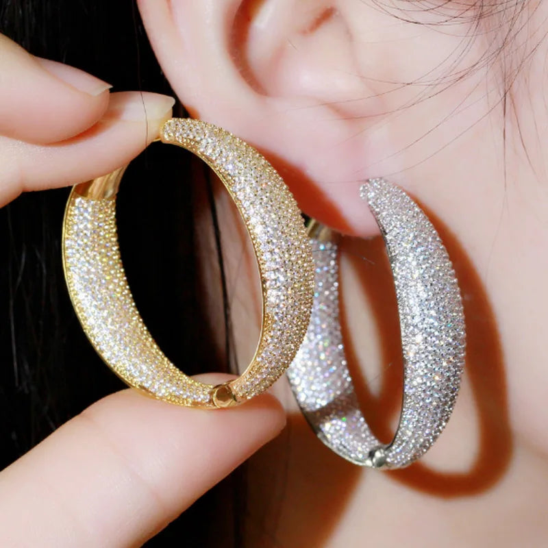 Zlxgirl jewelry Brand Dubai Gold color Micro Pave Cubic Zirconia Round Big Statement Hoop Earrings brand women's wedding earing