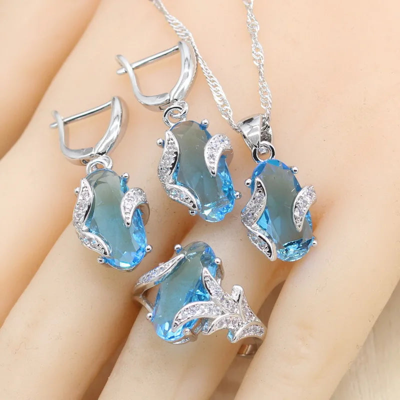 Sky Blue Semi-precious Silver Color Jewelry Sets with Bracelet For Women Necklace Pendant Earrings Ring Birthday Gift