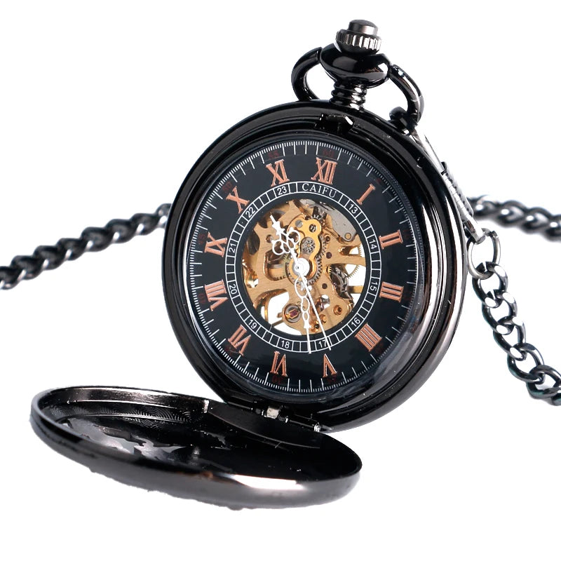 CAIFU Hand-winding Mechanical Pocket Watch Men Roman Numerals Exquisite Hollow Black Cranes Fob Watches Fashion Clock Gift Chain