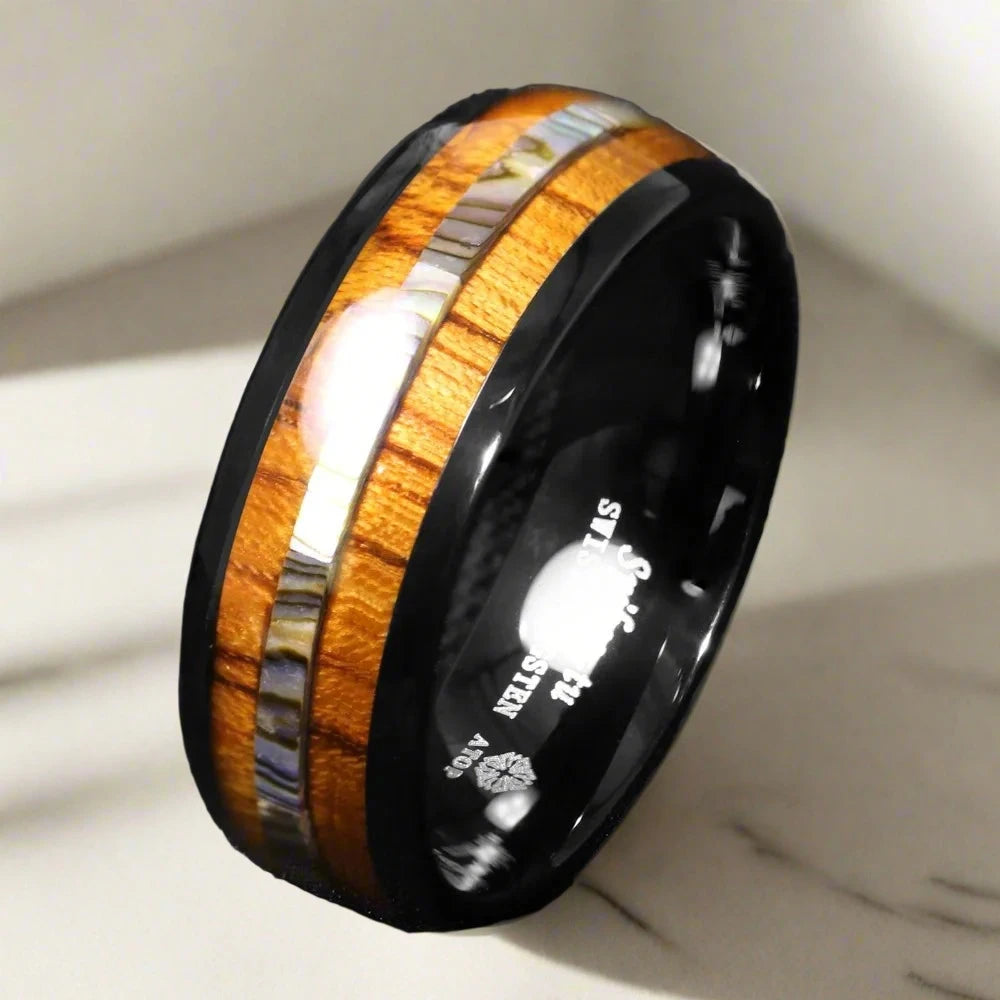 Black Tungsten carbide ring Wood Wedding.