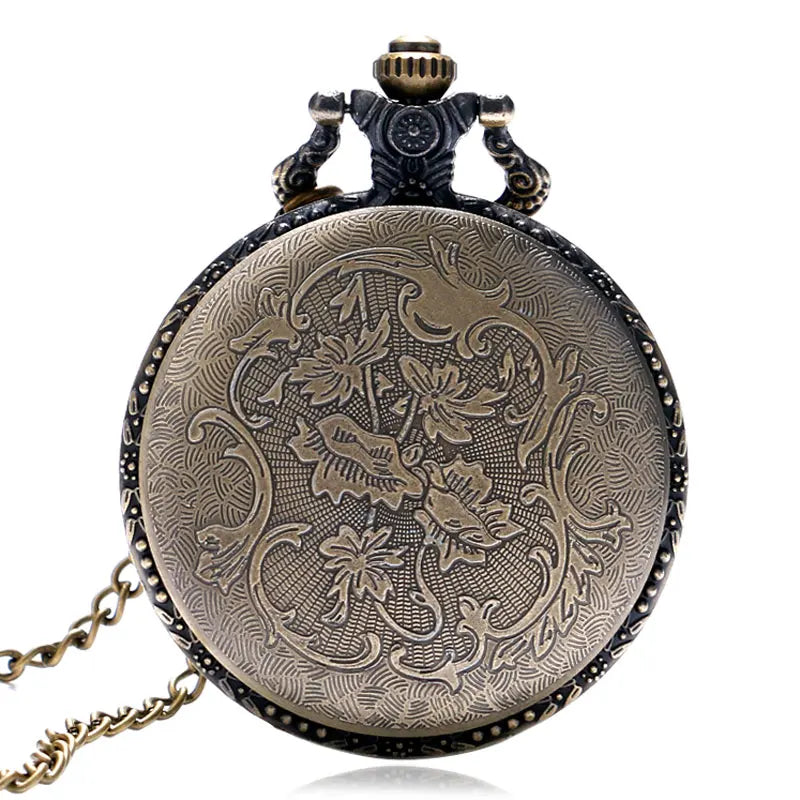 Vintage Retro Bronze Hollow Train Locomotive Steampunk Quartz Pocket Watch Women Men Necklace Pendant with Chain Birthday Gift