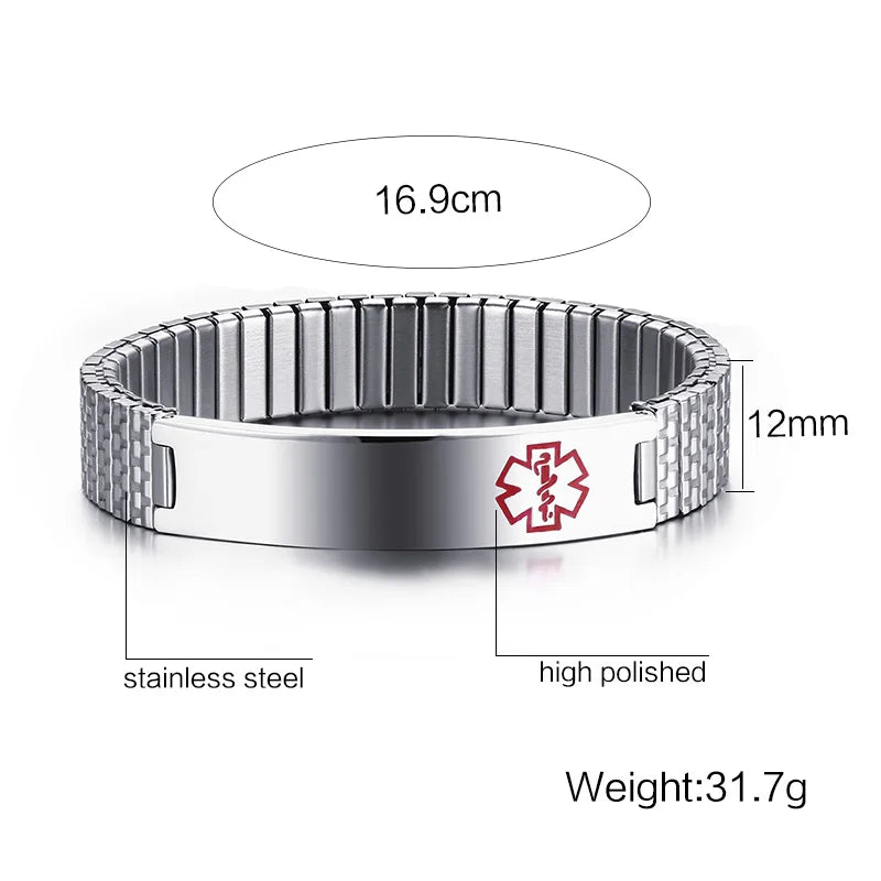 Stainless Steel Medical Alert Stretch Adjustable Wristband ID Bracelet Bangle for Women Custom Engraving