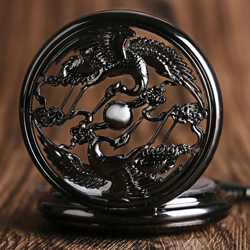 CAIFU Hand-winding Mechanical Pocket Watch Men Roman Numerals Exquisite Hollow Black Cranes Fob Watches Fashion Clock Gift Chain