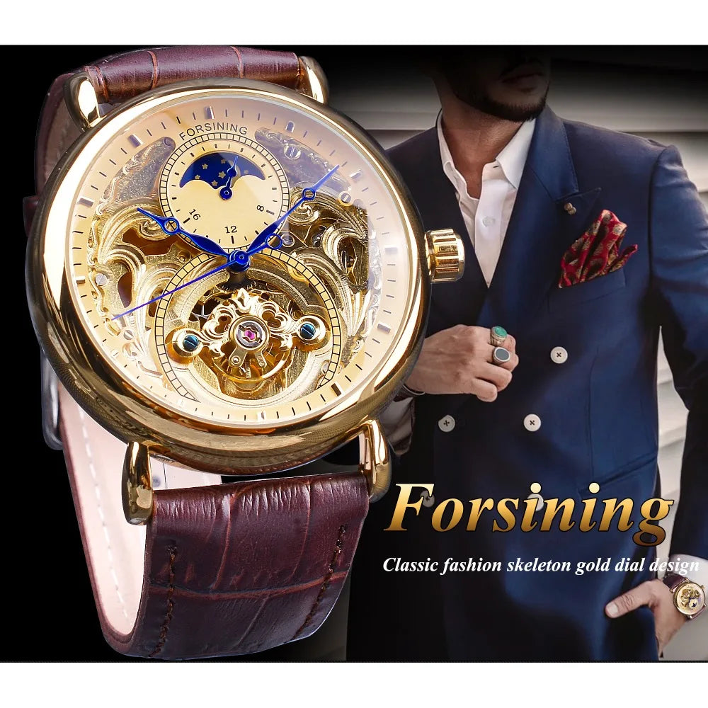 Forsining 2018 Royal Golden Skeleton Display Blue Hands Brown Genuine Leather Belt Mens Mechanical Wristwatches Clock Male