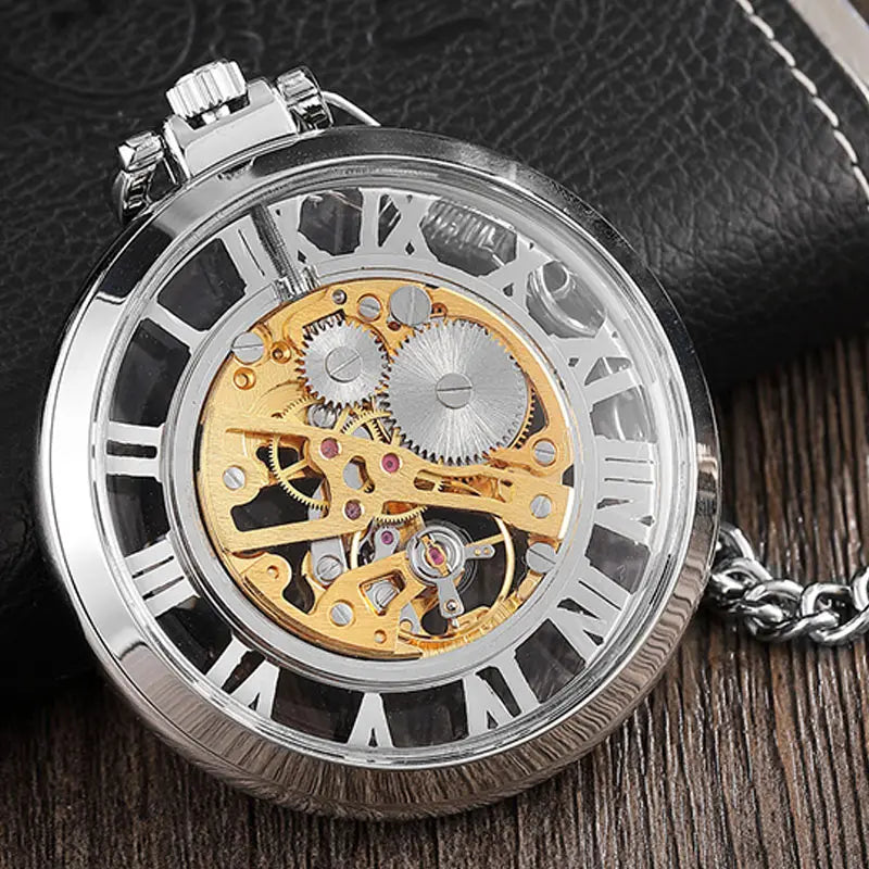 Retro Silver Transparent Mechanical Pocket Watch.