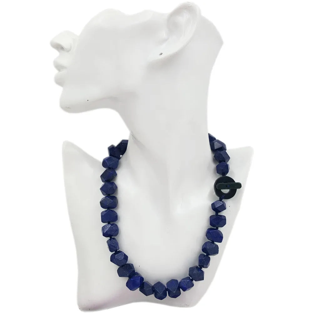 LiiJi Unique Natural Lapis Lazuli Faceted Hand Cut Beads 12x16mm Toggle Clasp Necklace 19''