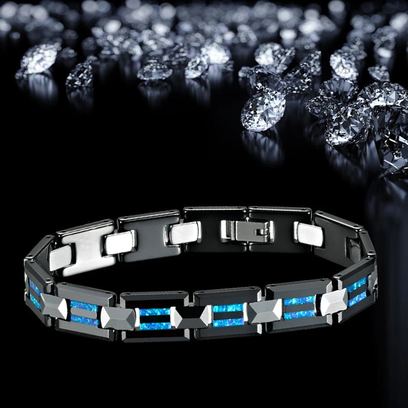 Luxury Men's Bracelet Black Ceramic Tungsten Blue Opal Bracelets for Men Jewelry Male Costume Women's Charm Bangles Jewellery