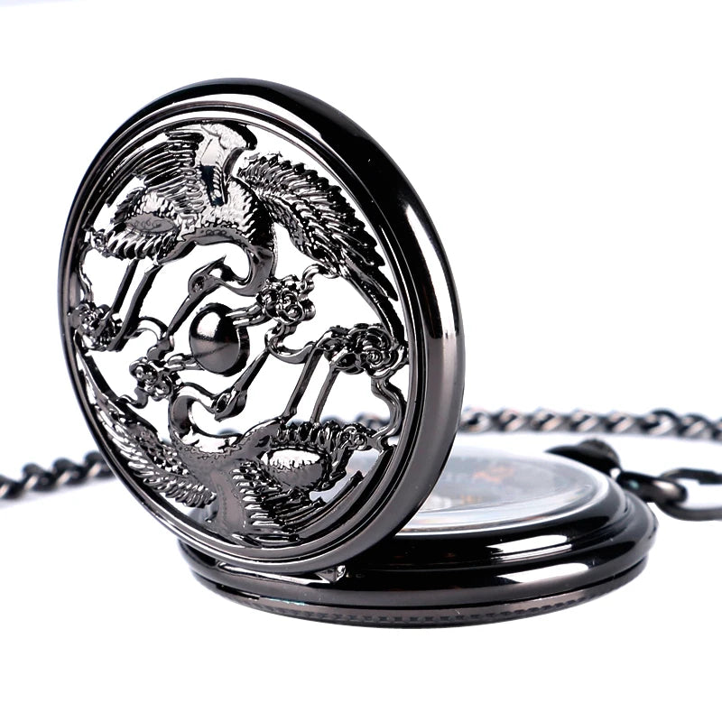 CAIFU Hand-winding Mechanical Pocket Watch Men Roman Numerals Exquisite Hollow Black Cranes Fob Watches Fashion Clock Gift Chain