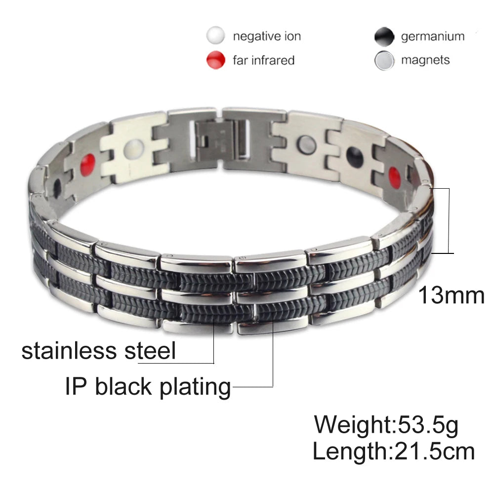 Vinterly Mens Chain Link Bracelet Wheat Black Stainless Steel Health Energy Germanium Magnetic Bracelets Bangles For Men Jewelry