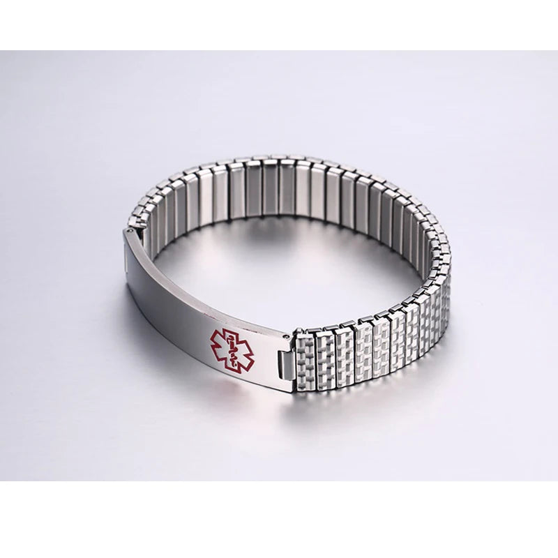 Stainless Steel Medical Alert Stretch Adjustable Wristband ID Bracelet Bangle for Women Custom Engraving