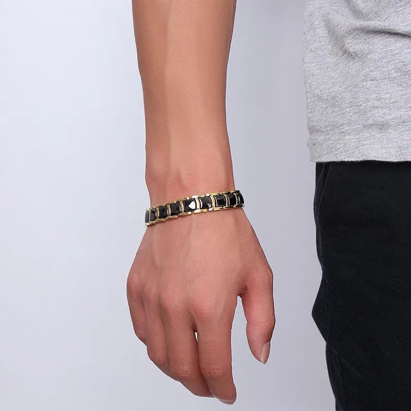 Vinterly Steel Magnetic Bracelet Male Black Ceramic Health Energy Germanium Men Hand Chain Link Gold-color Jewelry Waterproof