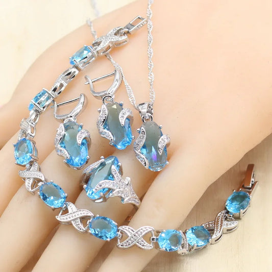 Sky Blue Semi-precious Silver Color Jewelry Sets with Bracelet For Women Necklace Pendant Earrings Ring Birthday Gift