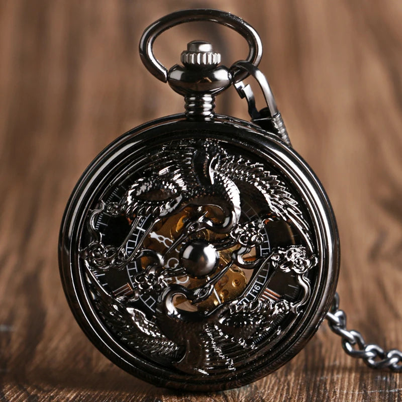 CAIFU Hand-winding Mechanical Pocket Watch Men Roman Numerals Exquisite Hollow Black Cranes Fob Watches Fashion Clock Gift Chain