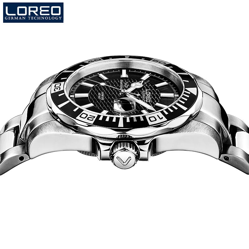 Diving Mens Watches Top Luxury Brand LOREO New Stainless Steel.