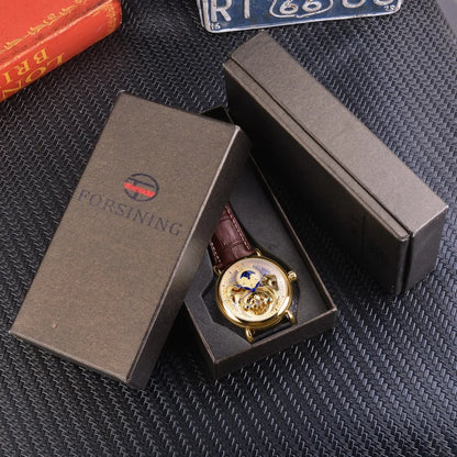 Forsining 2018 Royal Golden Skeleton Display Blue Hands Brown Genuine Leather Belt Mens Mechanical Wristwatches Clock Male