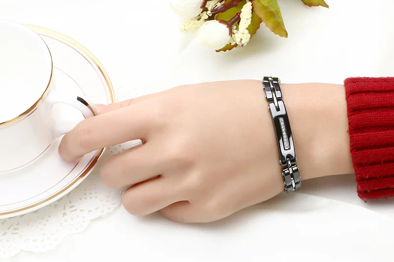 8MM Width New Ceramic Bracelets With Bling Rhinestone Good Quality Black White Ceramic Women Bracelet With Watch Chain For Women