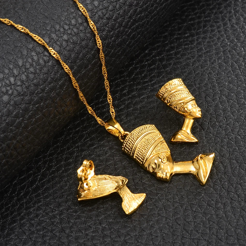 Egyptian Queen Nefertiti Pendant Necklace Earrings.