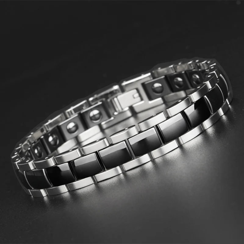 On Sale High Polished 12MM Wide Ceramic Man Bracelet Titanium Steel Mens Bracelets With Healthy Black Germanium Magnetic Stone