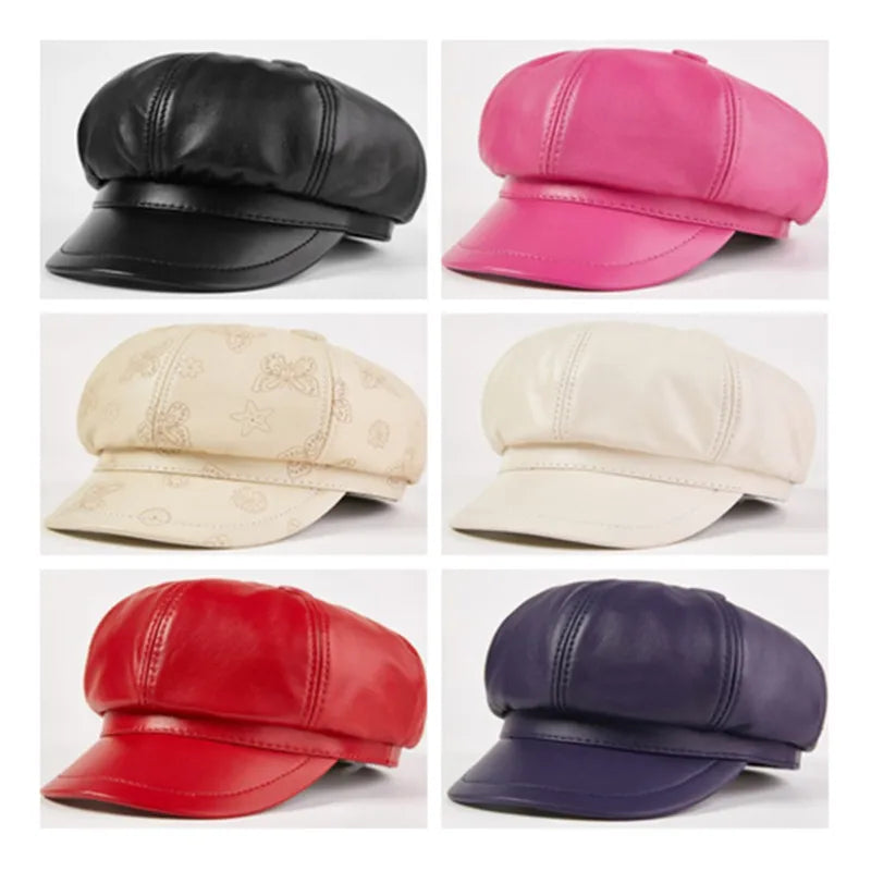 Women's Sheepskin Leather Newsboy Caps