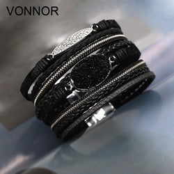 VONNOR Women Bracelet Jewelry Multilayer Leather Rope Chain Alloy Inlaid Rhinestone Bracelets Female Accessories Dropshipping