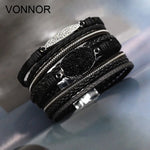 VONNOR Women Bracelet Jewelry Multilayer Leather Rope Chain Alloy Inlaid Rhinestone Bracelets Female Accessories Dropshipping