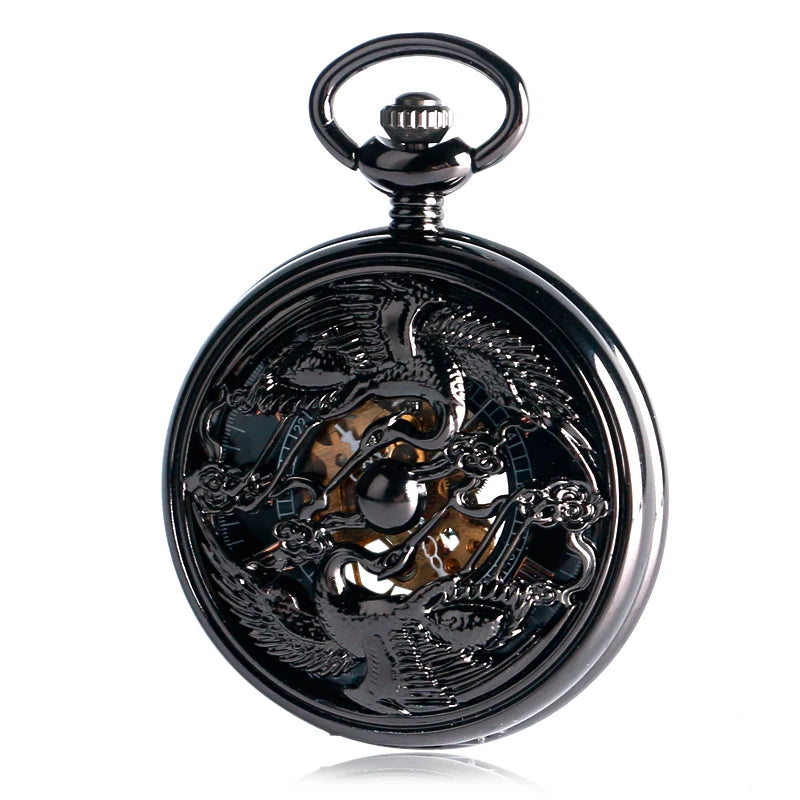 CAIFU Hand-winding Mechanical Pocket Watch Men Roman Numerals Exquisite Hollow Black Cranes Fob Watches Fashion Clock Gift Chain