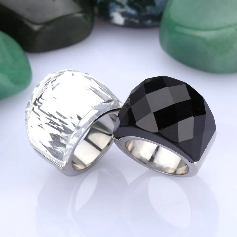 Stainless Steel Black &amp; White Brand Design Delicate Shiny Big Crystal Stone Engagement Rings Trendy  Party Jewelry for Women