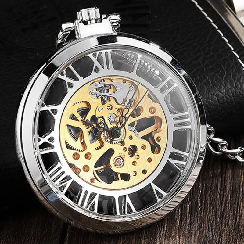 Retro Silver Transparent Mechanical Pocket Watch.