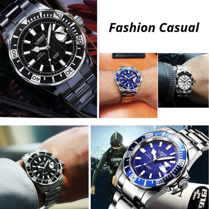 Diving Mens Watches Top Luxury Brand LOREO New Stainless Steel.