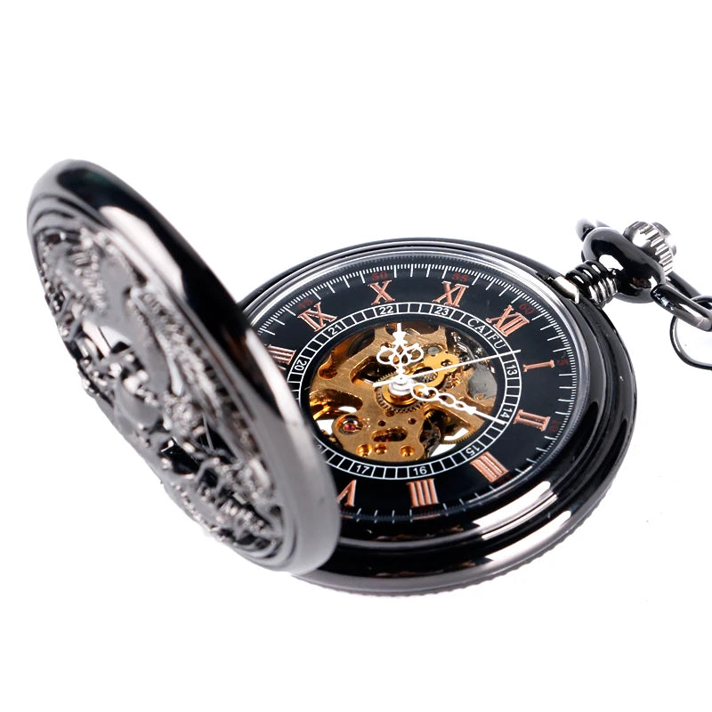 CAIFU Hand-winding Mechanical Pocket Watch Men Roman Numerals Exquisite Hollow Black Cranes Fob Watches Fashion Clock Gift Chain