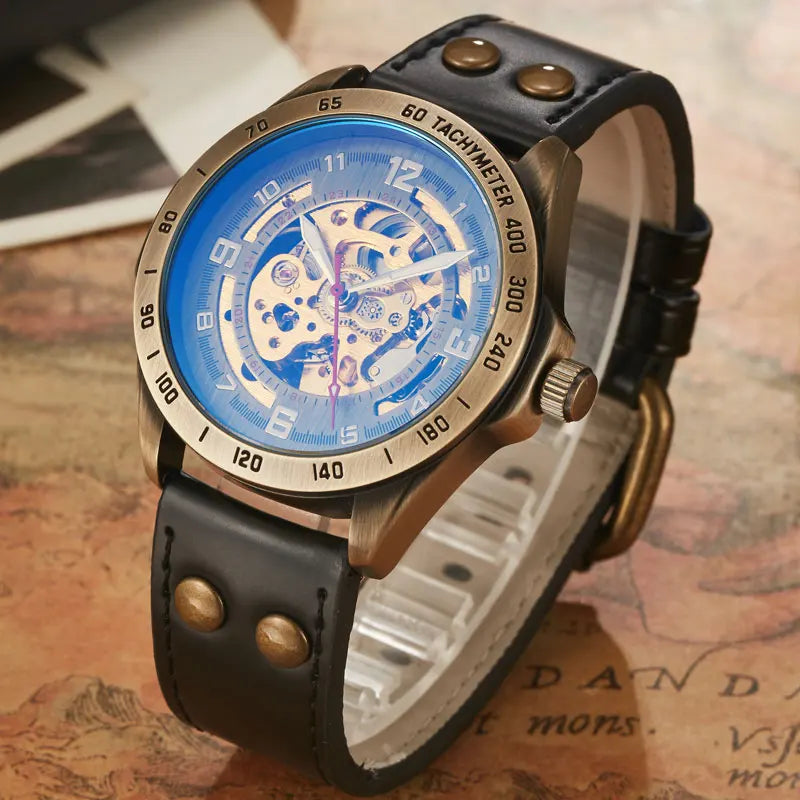 Retro Style Men Automatic Mechanical Watch Skeleton.