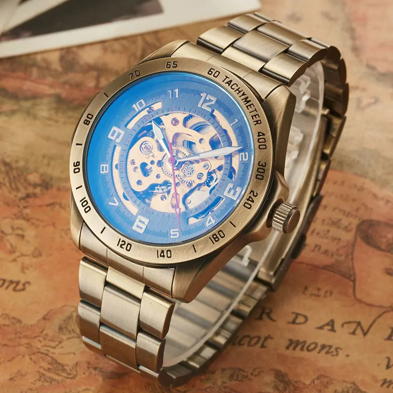 Retro Style Men Automatic Mechanical Watch Skeleton.