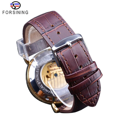 Forsining 2018 Royal Golden Skeleton Display Blue Hands Brown Genuine Leather Belt Mens Mechanical Wristwatches Clock Male