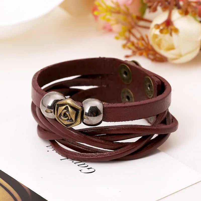 Romantic Rose Flower Charm Bracelet For Woman Leather 2 Layers Handmade Woven Wrist Bracelets Women Jewelry Fashion Free Ship