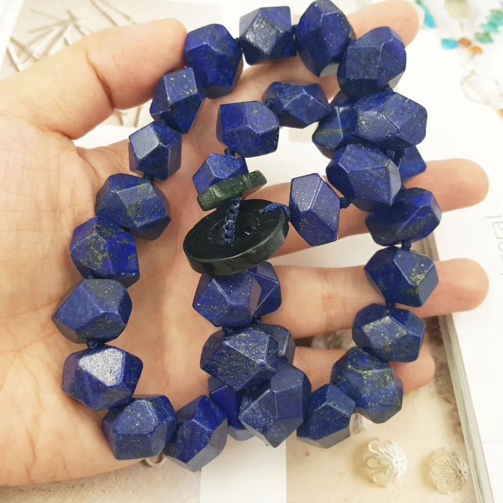 LiiJi Unique Natural Lapis Lazuli Faceted Hand Cut Beads 12x16mm Toggle Clasp Necklace 19''