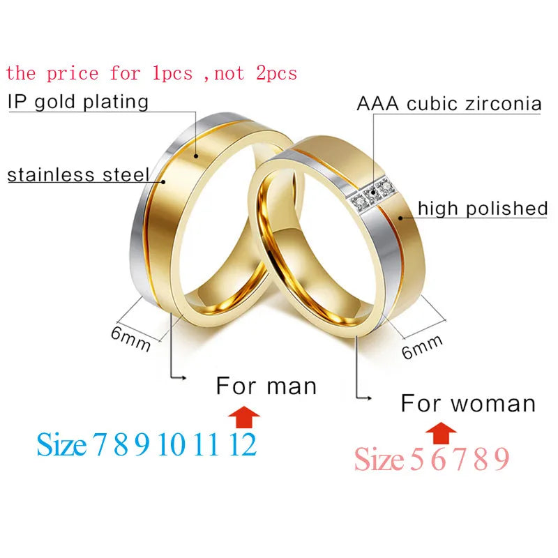 Vnox Wedding Rings for Women / Men Gold-color Elegant Lovers Promise Jewelry Personalize Engrave Name Couple Gift