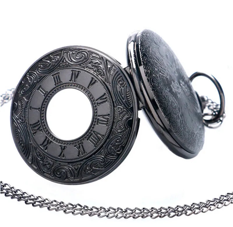 Black Pocketwatch Vintage CharmUnisex Fashion Roman Number Quartz Steampunk Pocket Watch Women Man Necklace Pendant with Chain