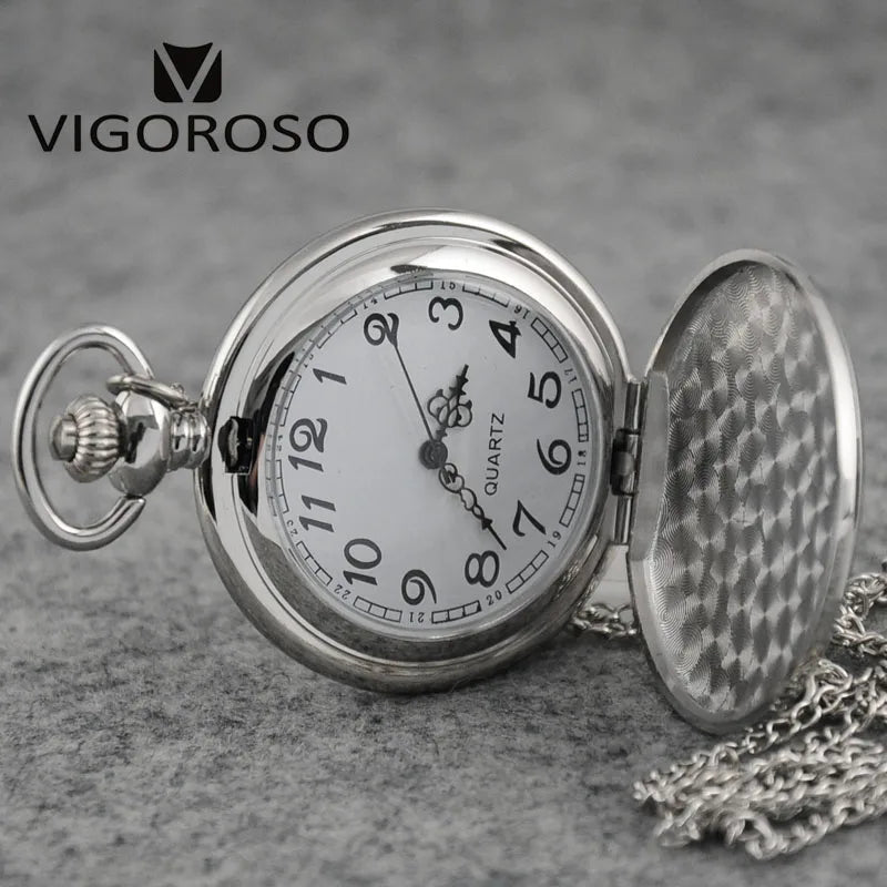 VIGOROSO Arabic Numerals Quartz Pocket Watch White Dial Men Watches Top Brand Vintage Style Silver Color Women Gift