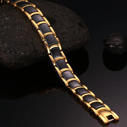 Vinterly Steel Magnetic Bracelet Male Black Ceramic Health Energy Germanium Men Hand Chain Link Gold-color Jewelry Waterproof