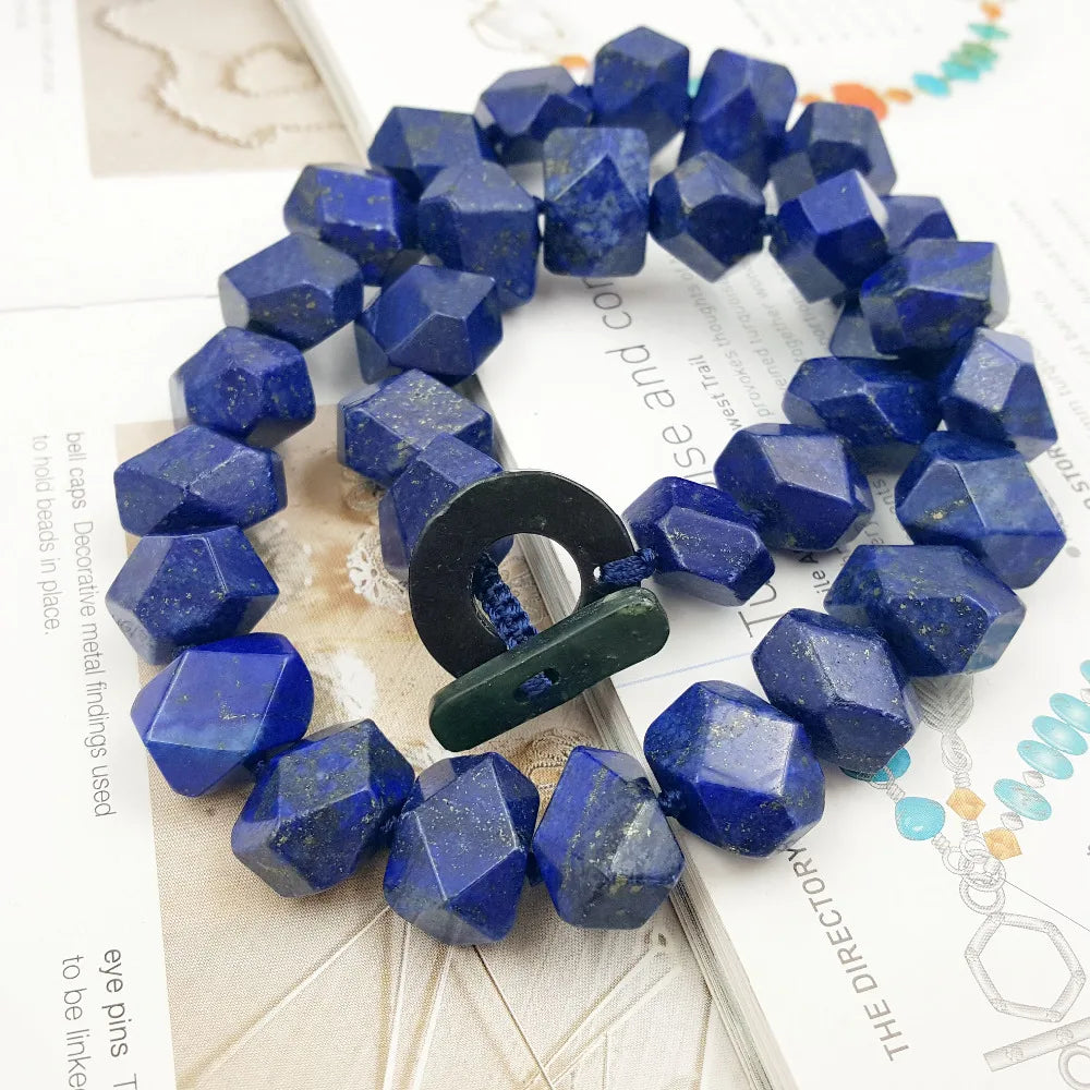 LiiJi Unique Natural Lapis Lazuli Faceted Hand Cut Beads 12x16mm Toggle Clasp Necklace 19''