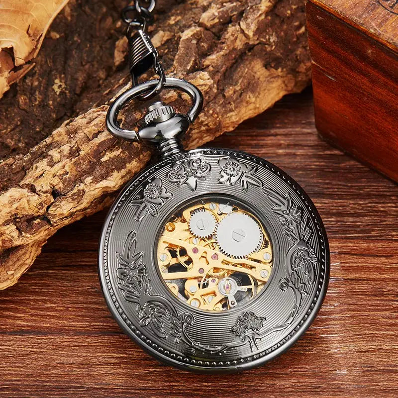 Vintage Black Mechanical Pocket Watch Retro Dragon Phoenix Hand Winding Hollow Fob Watch Men Women Necklace Chain Gift