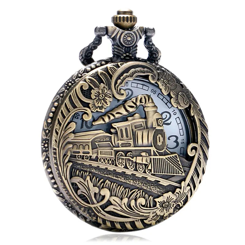 Vintage Retro Bronze Hollow Train Locomotive Steampunk Quartz Pocket Watch Women Men Necklace Pendant with Chain Birthday Gift