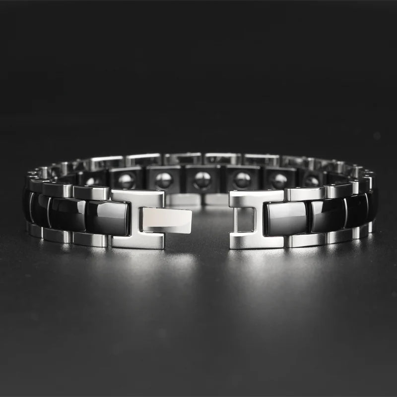 On Sale High Polished 12MM Wide Ceramic Man Bracelet Titanium Steel Mens Bracelets With Healthy Black Germanium Magnetic Stone