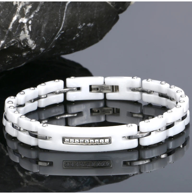 8MM Width New Ceramic Bracelets With Bling Rhinestone Good Quality Black White Ceramic Women Bracelet With Watch Chain For Women