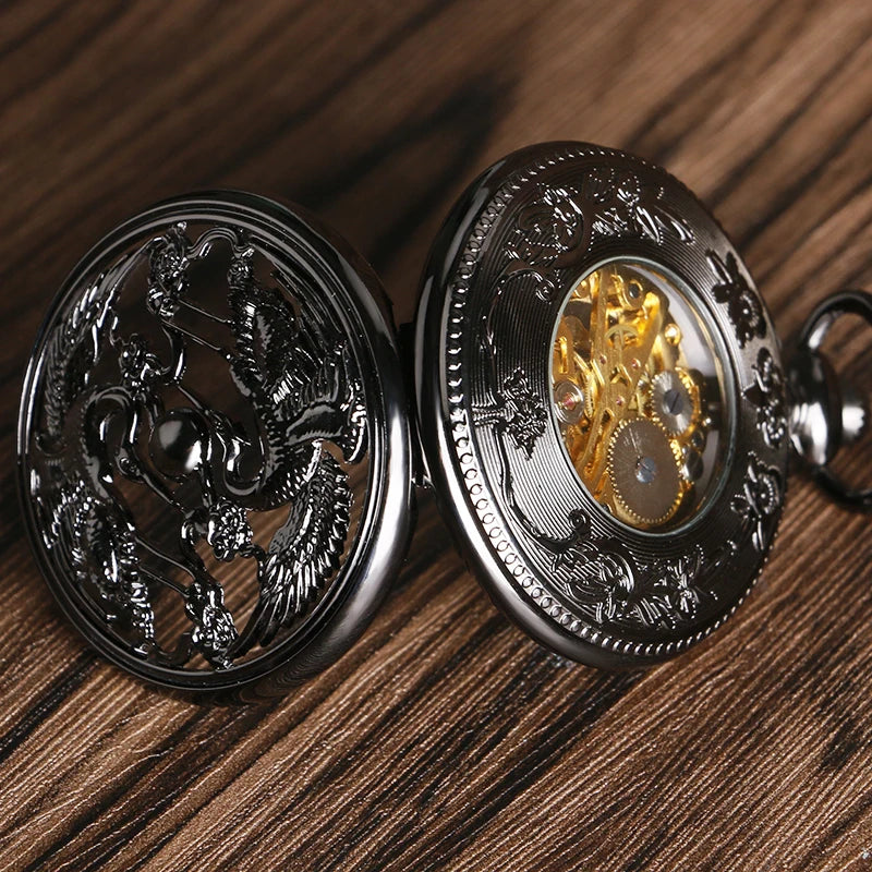 CAIFU Hand-winding Mechanical Pocket Watch Men Roman Numerals Exquisite Hollow Black Cranes Fob Watches Fashion Clock Gift Chain